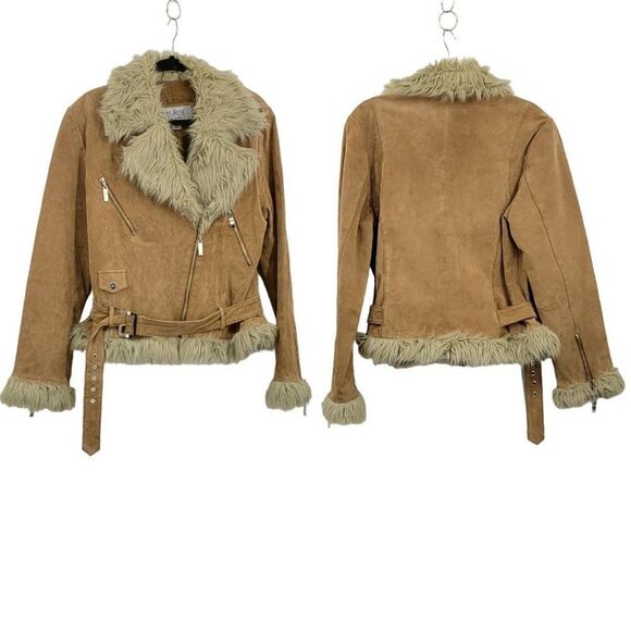 Vintage 80's Wilson's Leather Jacket Belted Faux Fur Trim Tan L Snow Bunny - Picture 1 of 17